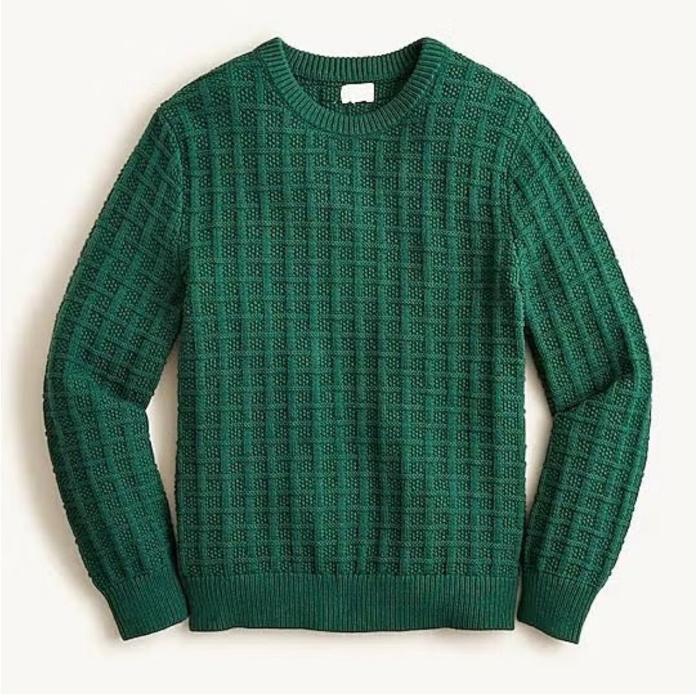 J Crew forest green check knit sweater cotton crewneck size small